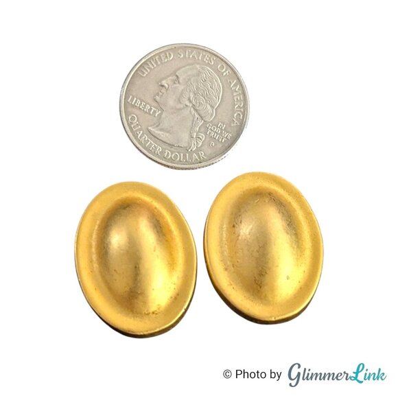 Vintage Chunky Matte Gold Tone Oval Clip On Earrings • Bold 1980s Domed Earrings - Picture 4 of 7